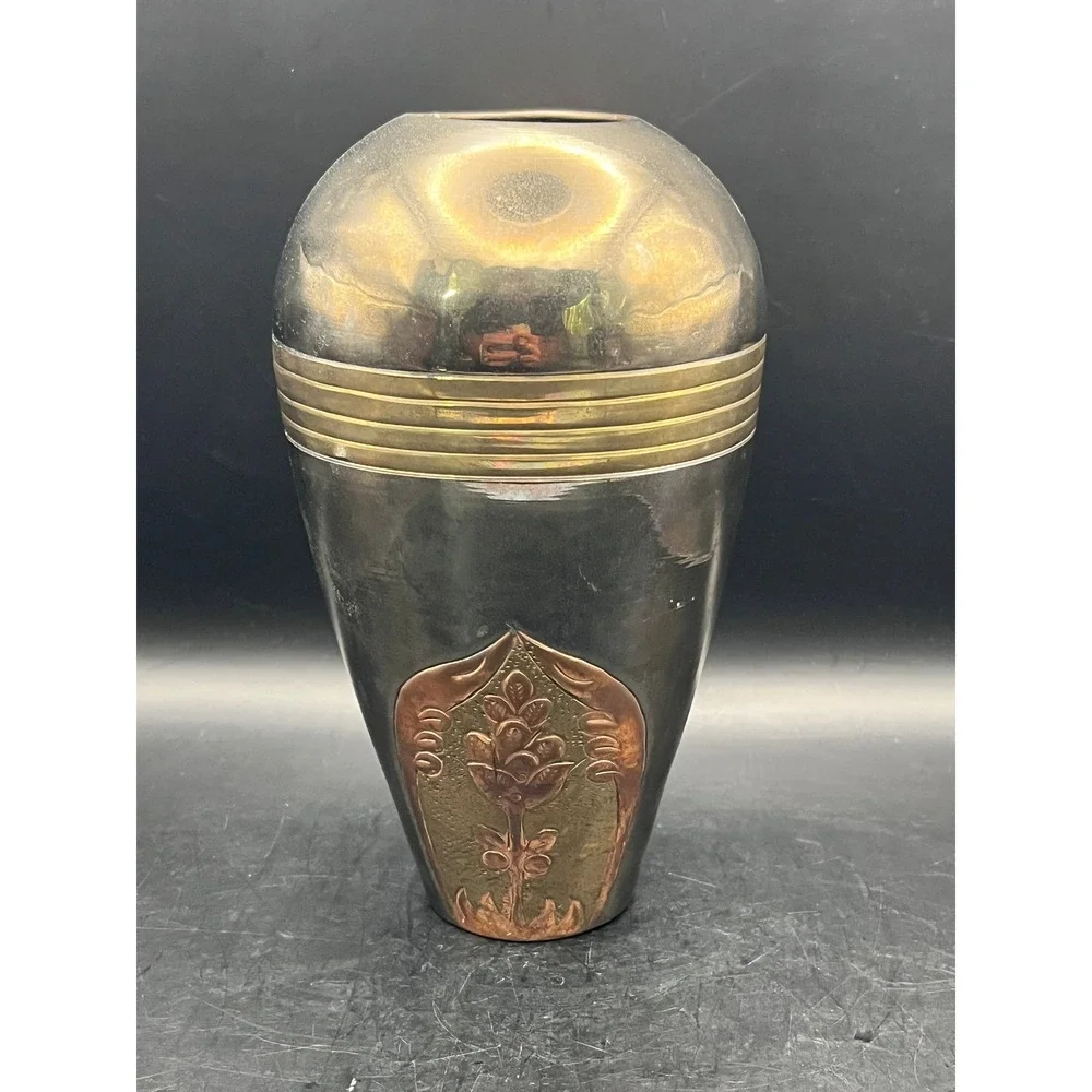 Vtg Solid Brass Vase India Decor Accents Bud Vase Metalwork‎ Copper Inlay 7.5